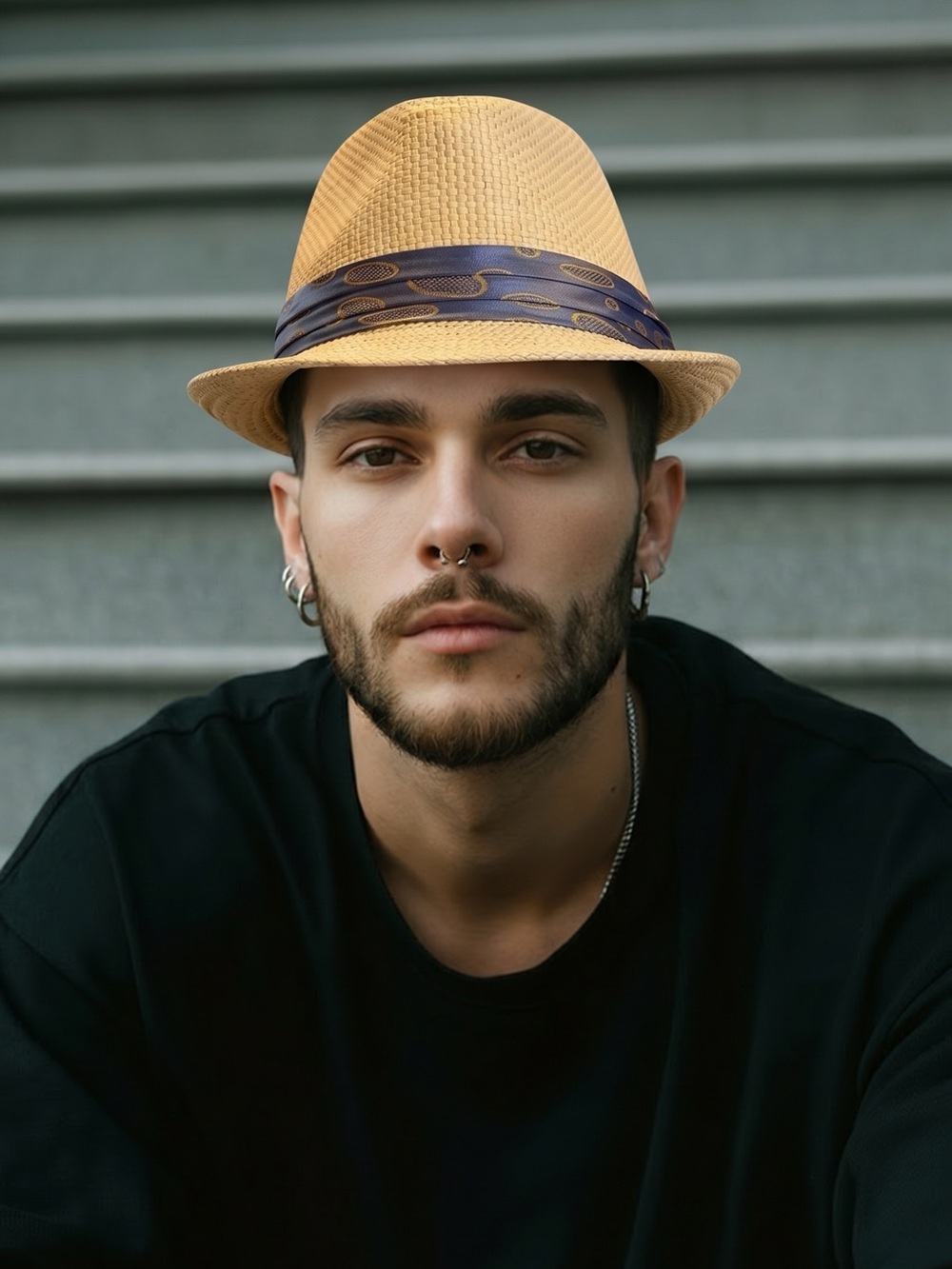 Peter Grimm Fedora with Blue and Gold Patterned Band